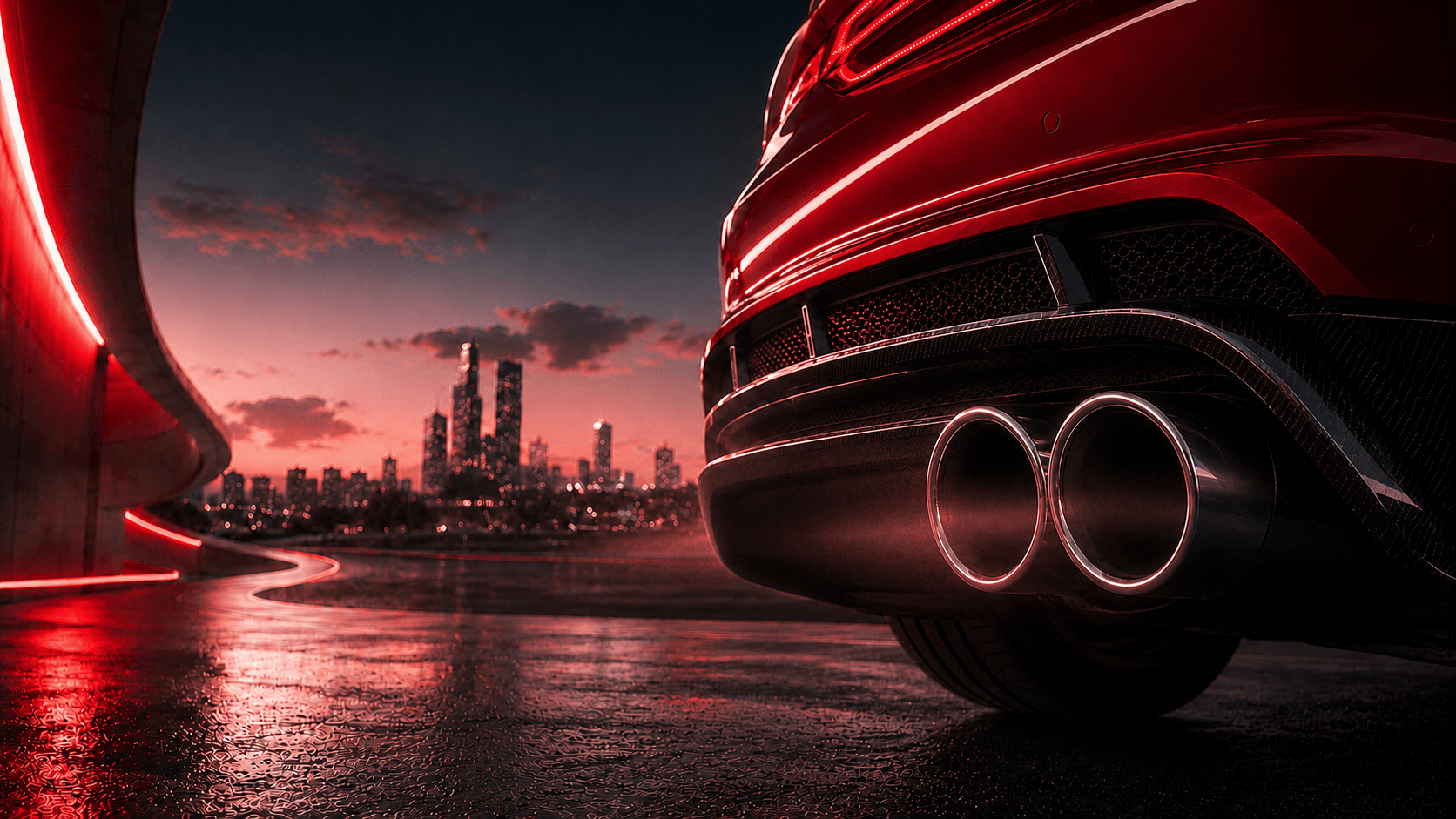 Close-up of a red sports car's dual exhaust against a city skyline at dusk